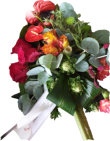 Rouwwerk met anturium dubbelkleur rozen en eucalyptus